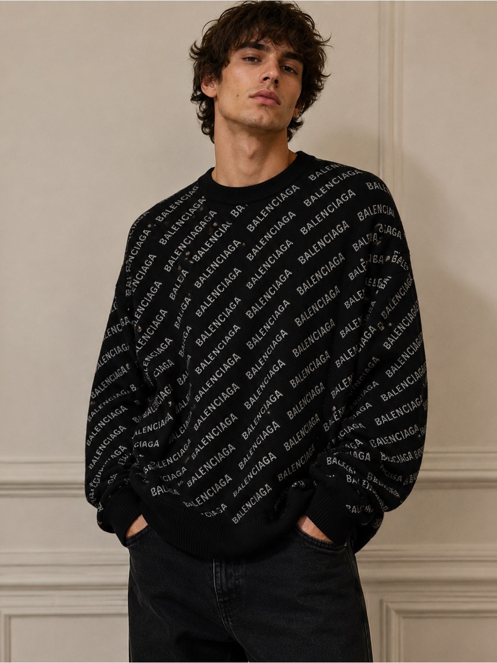 Balenciaga Logo Jacquard Cotton Blend Sweater - Black